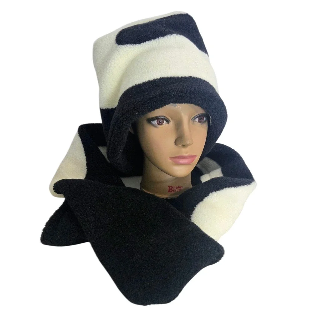 Unisex Adult‎ Winter Hat Scarf Set Handmade Fleece Slouchy Oversized Black Cream